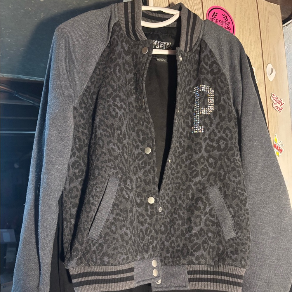 VS PINK LEOPARD VARSITY JACKET with rhinestones!! Gorgeous HTF & RARE JACKET!